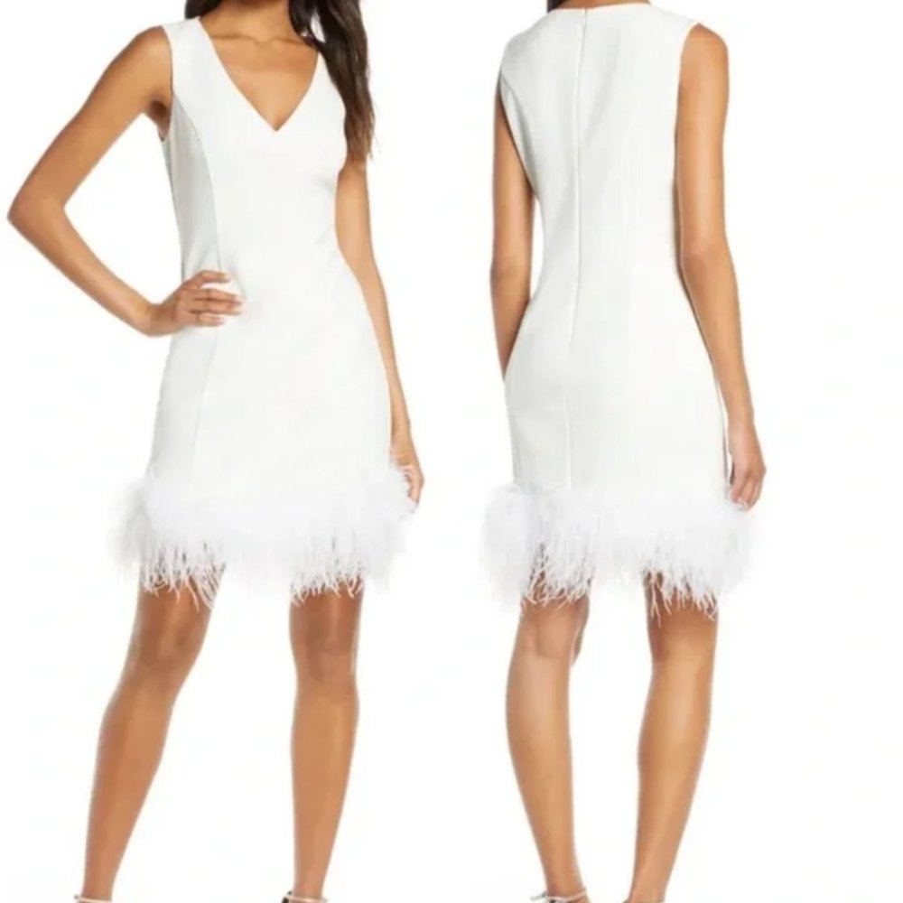 Eliza J Ivory White Feather Hem V-Neck Sleeveless Cocktail Dress Size 14